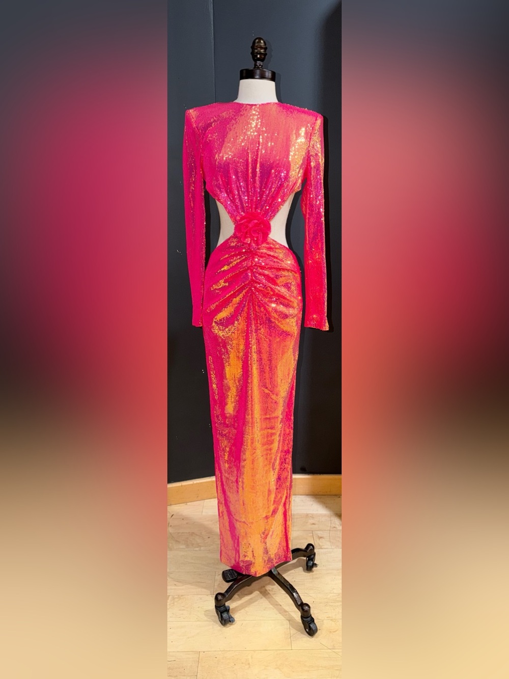 Fuchsia Sequin Ruched Long-Sleeve Evening Dress Gown